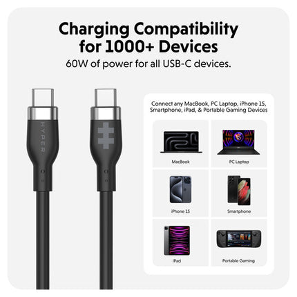 HYPER HyperJuice Cable de carga USB-C silicona 5 pies 60W flexible negro