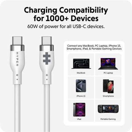 HYPER HyperJuice Cable de carga USB-C 5 pies 60W silicona blanca