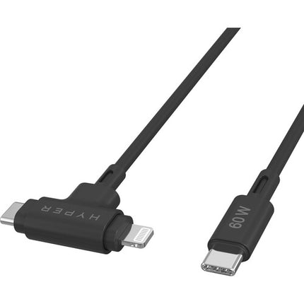 HYPER HyperJuice Cable híbrido USB-C y Lightning 5 pies 60W carga rápida silicona negro