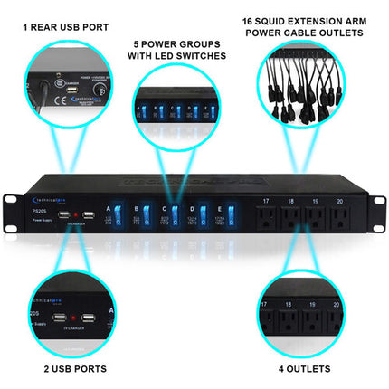 Technical Pro PS20S fuente de poder rackmount 1800W 20 tomas con USB
