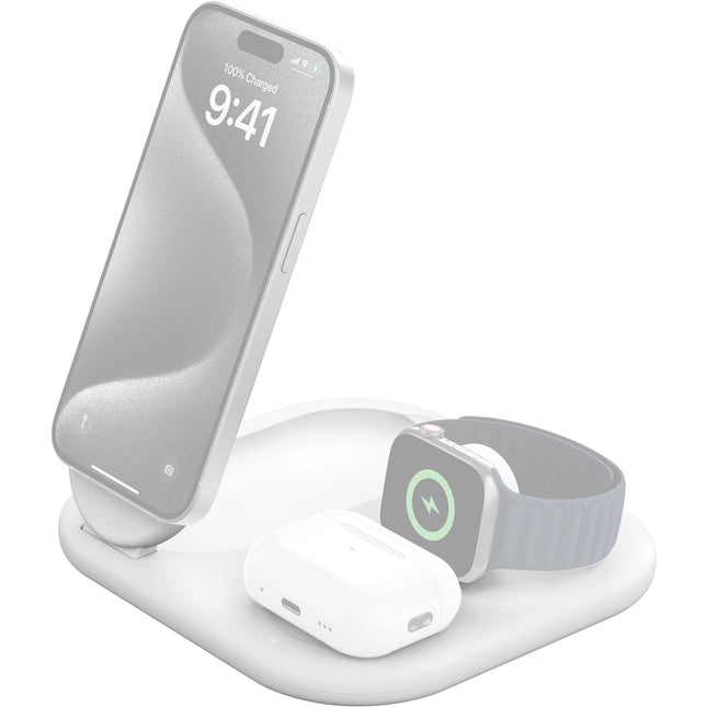 Belkin BoostCharge Cargador inalámbrico plegable 3 en 1 15W con Qi2 blanco