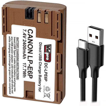 Vidpro LP-E6P Batería USB-C 2400mAh para Canon EOS R5 Mark II con Cable USB-A a USB-C