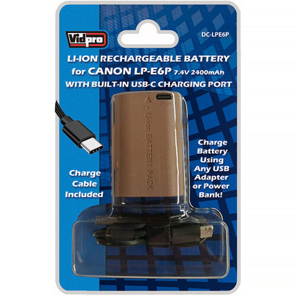 Vidpro LP-E6P Batería USB-C 2400mAh para Canon EOS R5 Mark II con Cable USB-A a USB-C