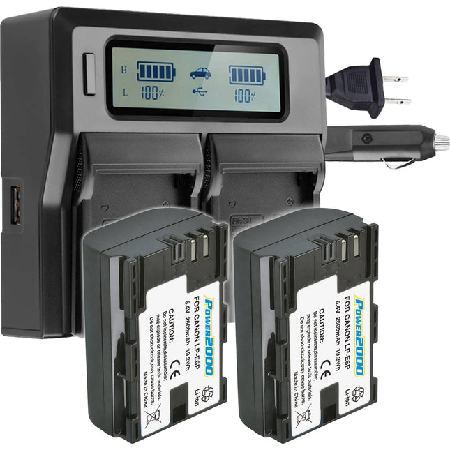 Power2000 2 Baterías Canon LP-E6P 8.4V 2600mAh y Cargador LCD Dual-Bahía