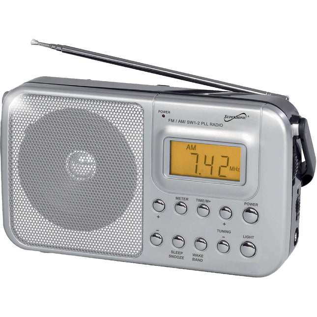 Supersonic Radio portátil 4 bandas AM FM SW1-2 pantalla LCD reloj alarma