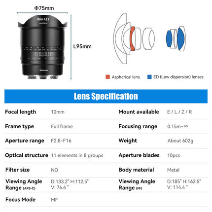 7Artisans 10mm f2.8 Mark II Lente Fisheye Full Frame Sony E