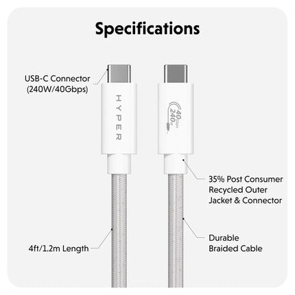 HYPER HyperDrive Next Cable USB-C USB4 4 pies 40 Gb/s 240W Blanco