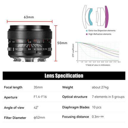 7Artisans 35mm f1.4 Mark III Lente Full Frame con Montura L y Diafragma de 10 Hojas