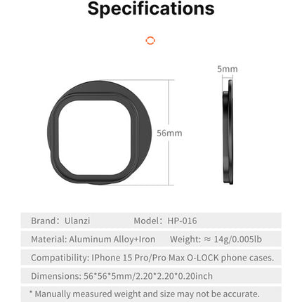 Ulanzi HP-016 Adaptador Anilla 52mm Para Filtros Magnéticos O-Lock
