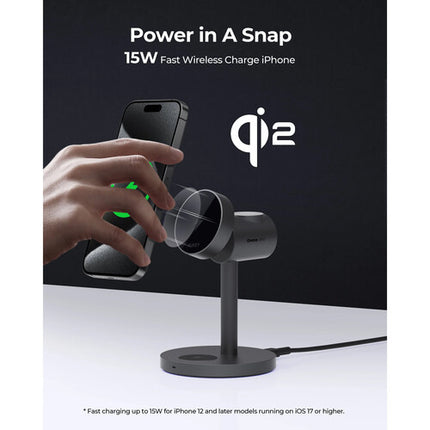 AUKEY MagFusion Qi2 Estación de Carga Inalámbrica 3 en 1 15W y Soporte Inclinado 30°