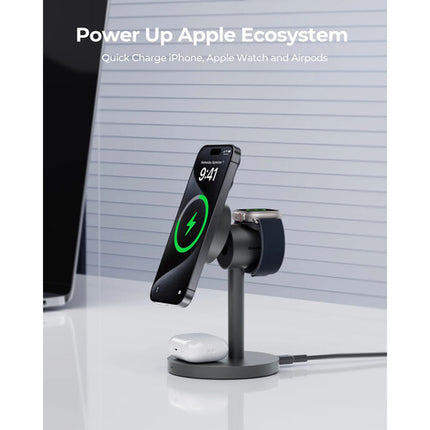 AUKEY MagFusion Qi2 Estación de Carga Inalámbrica 3 en 1 15W y Soporte Inclinado 30°