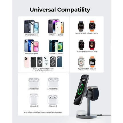 AUKEY MagFusion Qi2 Estación de Carga Inalámbrica 3 en 1 15W y Soporte Inclinado 30°