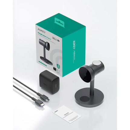 AUKEY MagFusion Qi2 Estación de Carga Inalámbrica 3 en 1 15W y Soporte Inclinado 30°