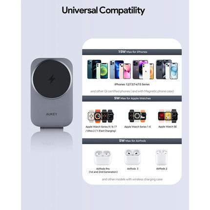 AUKEY MagFusion Z Estación de carga inalámbrica plegable 15W Qi2 3 en 1