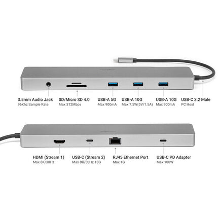 Rocstor 10 en 1 Hub USB-C 3.2 Gen 2 Pantalla Dual 8K 10 Gb/s PD 100W
