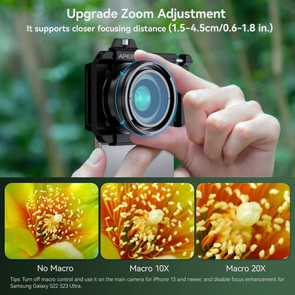Apexel Lente Macro 10-20x con Zoom 2x y Enfoque Cercano para Smartphone
