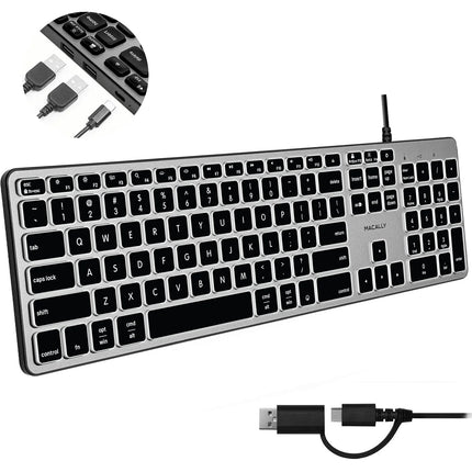 Macally Teclado Retroiluminado Dual USB A y C con Hub USB 3 Puertos para Mac