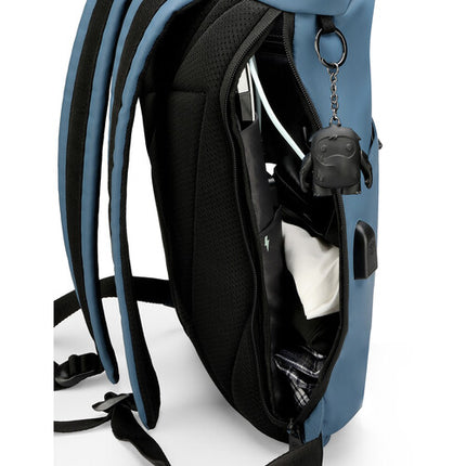 Swissdigital LAMONE Mochila Rolltop Azul Oscuro 13L con Puerto USB y Protección RFID