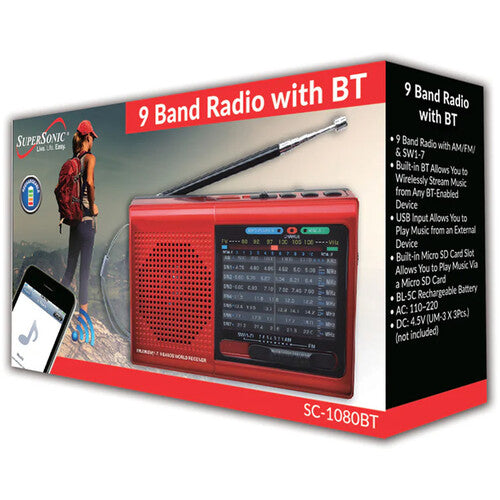 Supersonic Radio 9 Bandas Bluetooth Batería 600mAh Altavoz USB microSD
