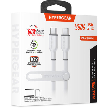 HyperGear Flexi Pro Cable USB-C a USB-C 15 pies Carga Rápida 60W Blanco