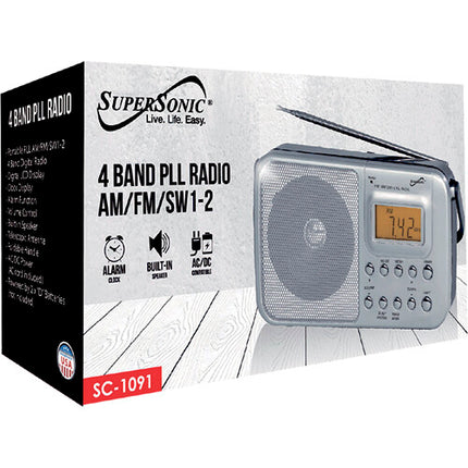 Supersonic Radio portátil 4 bandas AM FM SW1-2 pantalla LCD reloj alarma
