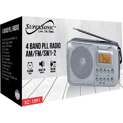 Supersonic Radio portátil 4 bandas AM FM SW1-2 pantalla LCD reloj alarma