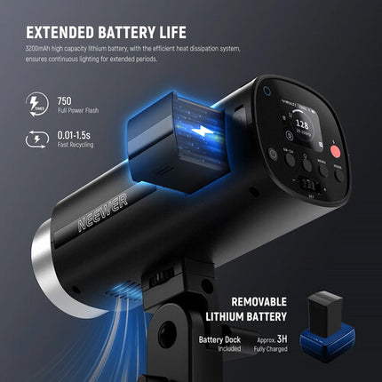 Neewer Q200 2.4 GHz Flash Estroboscópico Exterior 200Ws 9 Paradas Batería Litio