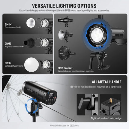 Neewer Q200 2.4 GHz Flash Estroboscópico Exterior 200Ws 9 Paradas Batería Litio