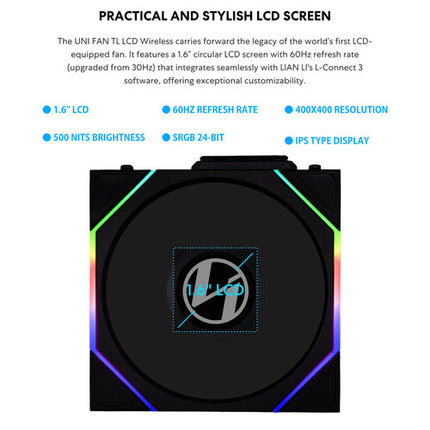 Lian Li 120mm UNI FAN TL LCD Ventilador para Caja RGB Wireless 1900 rpm 1.6" pantalla