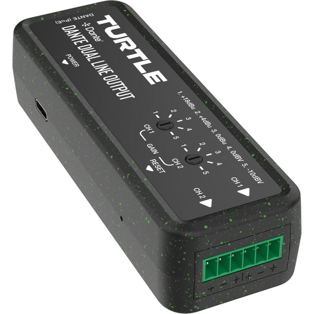 Turtle AV Adaptador de Salida de Línea Euroblock Analógica Dual-Canal Dante 24-Bit 96 kHz PoE USB-C