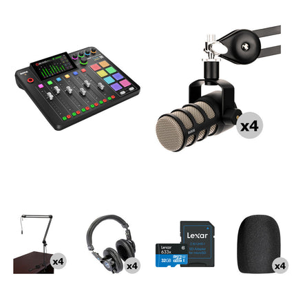 RODE RODECaster Pro II Kit de podcast para 4 personas con 4 micrófonos PodMic brazos y auriculares