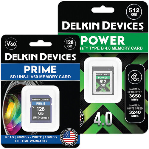Delkin Devices 512GB POWER CFexpress Tipo B 3650MB/s y 128GB PRIME UHS-II SDXC