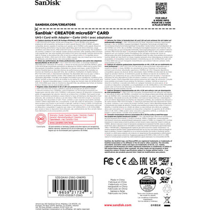SanDisk 256GB Creator Series Tarjeta microSDXC UHS-I 190MBs 130MBs con Adaptador SD