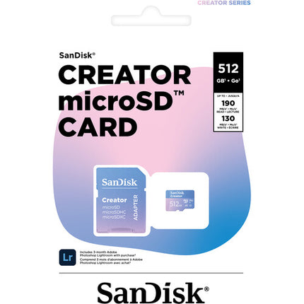 SanDisk Creator Series 512GB microSDXC UHS-I Tarjeta de Memoria con Adaptador SD 190MBs Lectura 130MBs Escritura