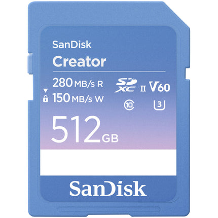 SanDisk 512GB Creator Series Tarjeta de Memoria SDXC UHS-II V60 U3 Clase 10 280 MB/s lectura 150 MB/s escritura