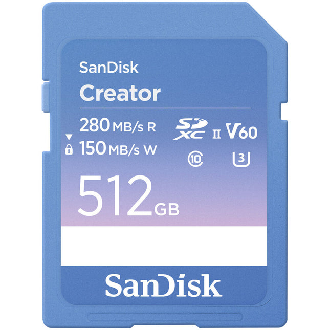 SanDisk 512GB Creator Series Tarjeta de Memoria SDXC UHS-II V60 U3 Clase 10 280 MB/s lectura 150 MB/s escritura