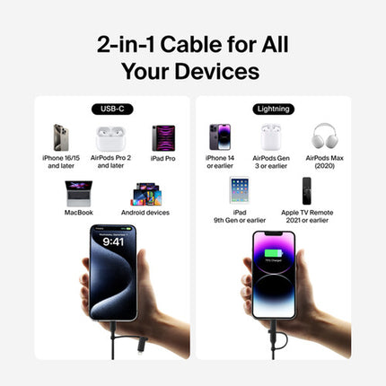 Belkin BoostCharge Pro Cable 2 en 1 USB-C y Lightning Negro 5 pies 60W 30,000 Dobles