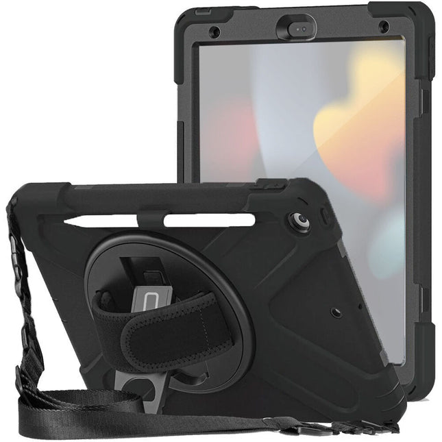 CODi Funda Rugged con Protector Pantalla para iPad 9ª Gen Negro con Correa y Soporte Giratorio