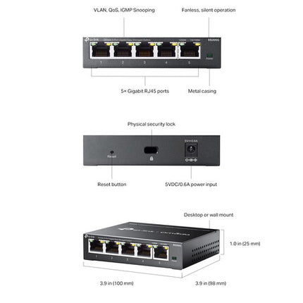 TP-Link Omada ES205G Switch de Red Gestionado 5 Puertos Gigabit 10 Gb/s Capacidad