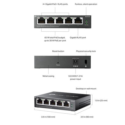 TP-Link Omada ES205GP Switch de Red Gestionado 5 Puertos Gigabit 65W PoE+