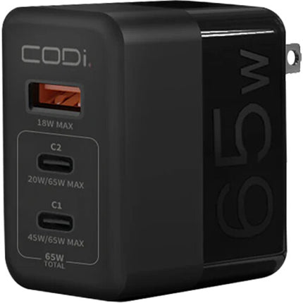 CODi Cargador de Pared USB GaN 65W 3 Puertos 2 USB-C 1 USB-A