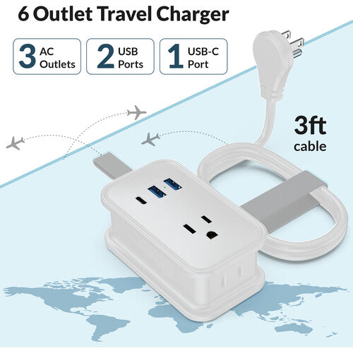 Regleta de viaje Uncaged Ergonomics 6 en 1 con 3 enchufes 3' cable blanco