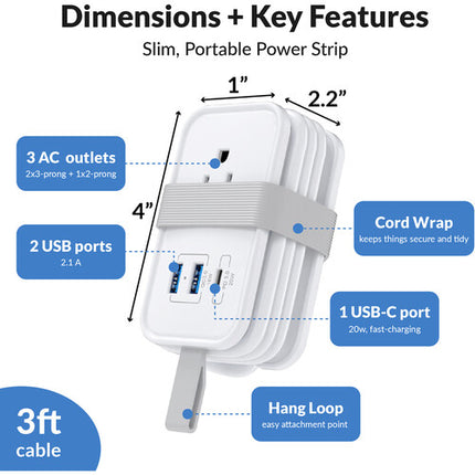 Regleta de viaje Uncaged Ergonomics 6 en 1 con 3 enchufes 3' cable blanco