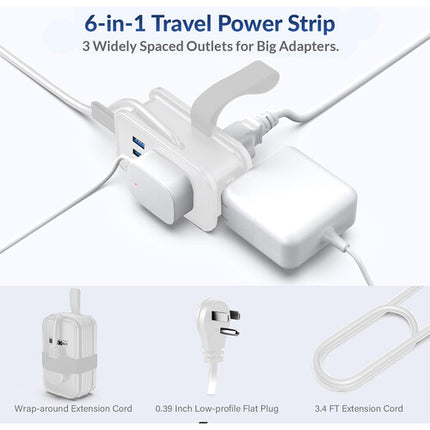 Regleta de viaje Uncaged Ergonomics 6 en 1 con 3 enchufes 3' cable blanco