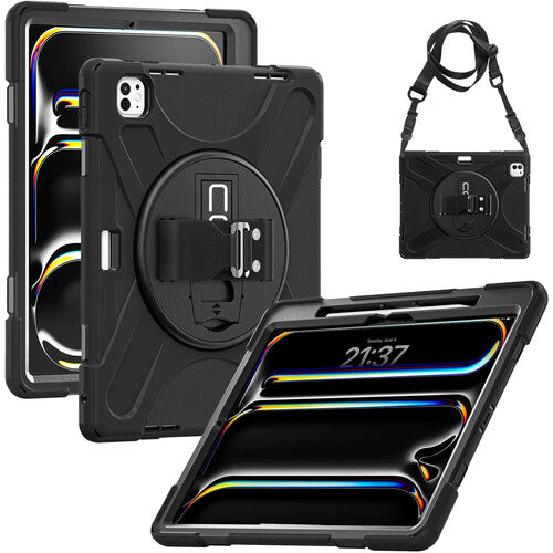 CODi Funda Rugged para iPad Pro M4 M5 Negra con Correa Ajustable y Soporte Giratorio