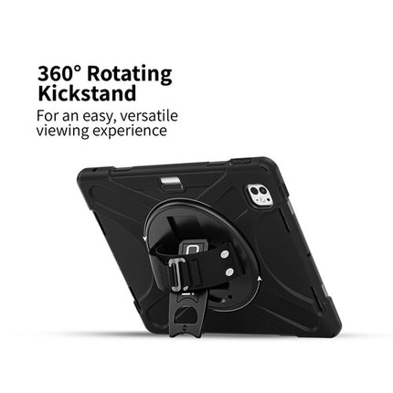 CODi Funda Rugged para iPad Pro M4 M5 Negra con Correa Ajustable y Soporte Giratorio