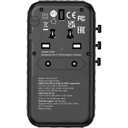 Verbatim UTA-06 Adaptador Universal de Viaje 100W 4 Puertos USB GaN III con Estuche