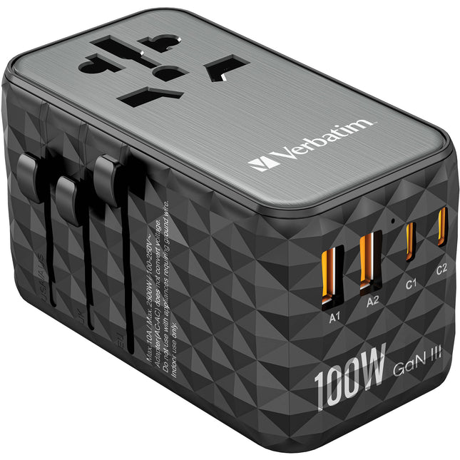 Verbatim UTA-06 Adaptador Universal de Viaje 100W 4 Puertos USB GaN III con Estuche