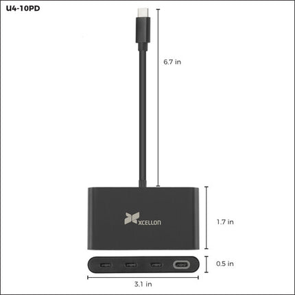 Xcellon 4 Puertos USB-C Hub 10 Gb/s Carga PD 140W Diseño Delgado