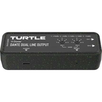 Turtle AV Adaptador de Salida de Línea Euroblock Analógica Dual-Canal Dante 24-Bit 96 kHz PoE USB-C